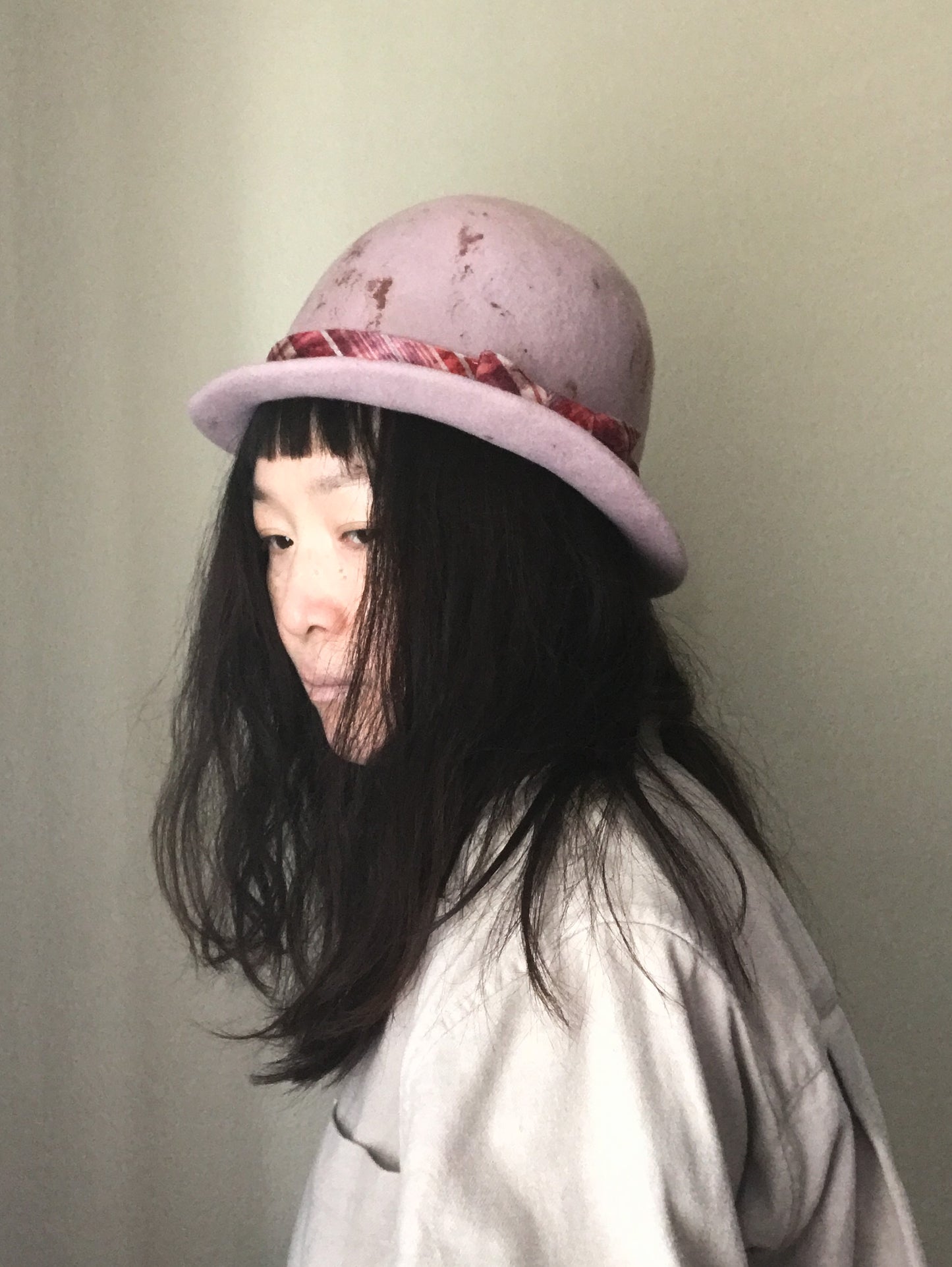 Fur felt bowler hat - Quirk - stained dusty pink - plaid band - Tomoko Tahara millinery works