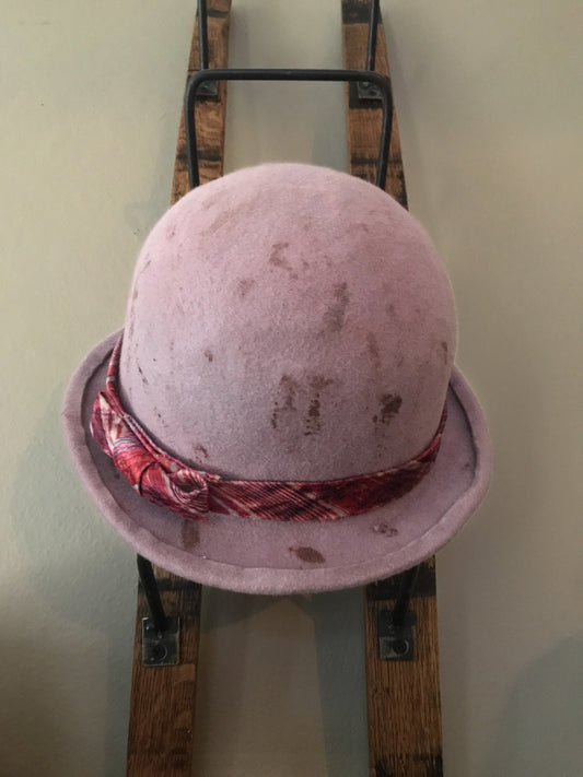 Fur felt bowler hat - Quirk - stained dusty pink - plaid band - Tomoko Tahara millinery works