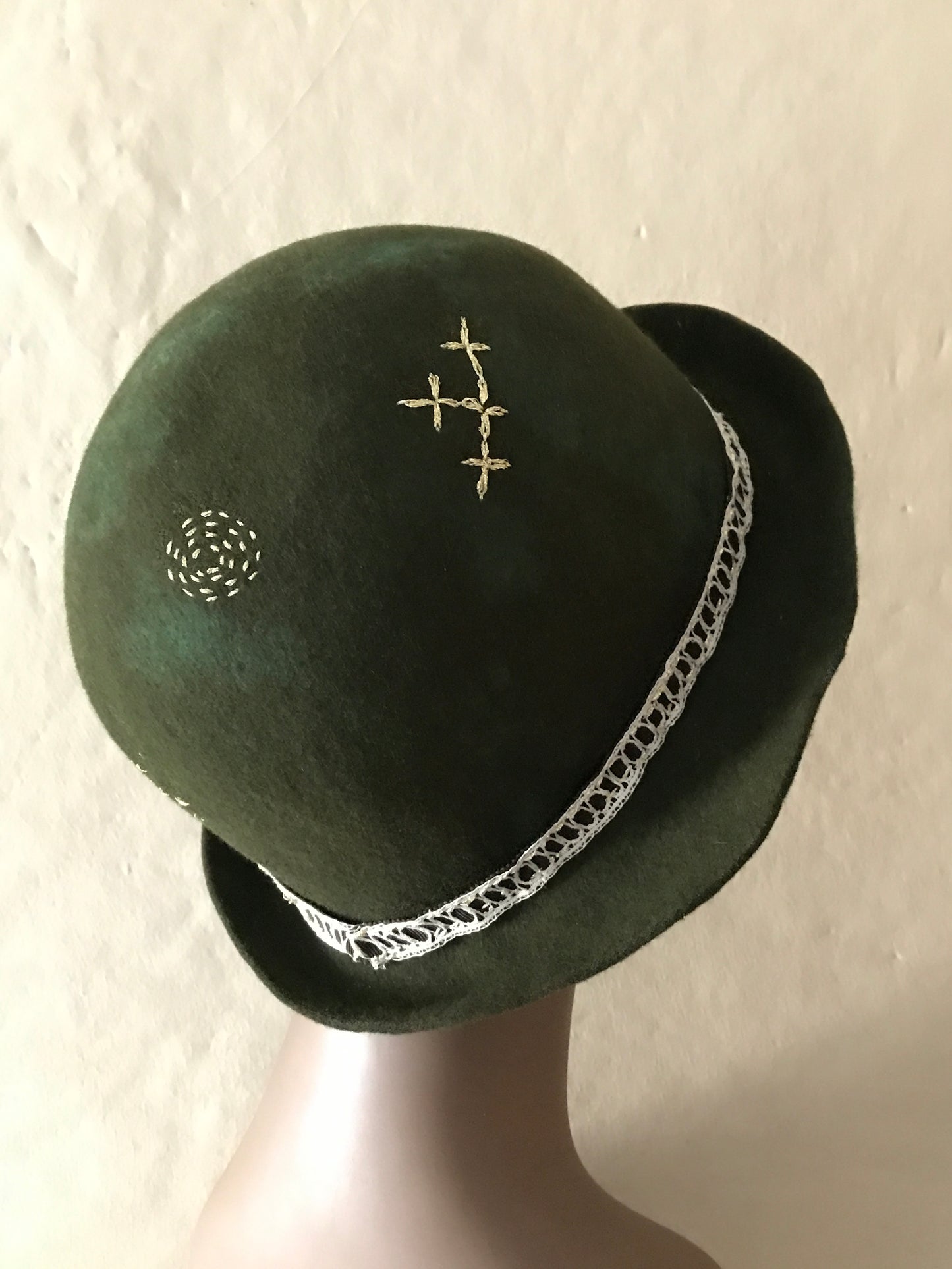 Distressed fur felt dark green bowler hat- Tomoko Tahara millinery works