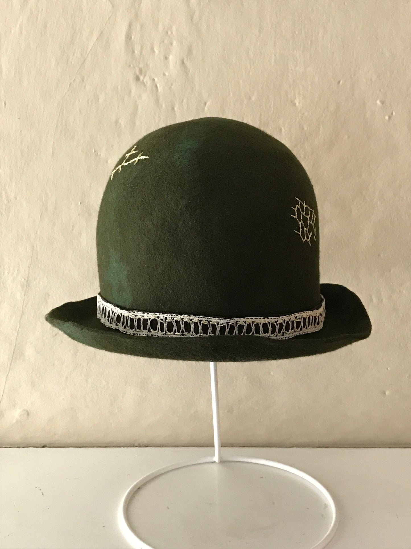 Distressed fur felt dark green bowler hat- Tomoko Tahara millinery works