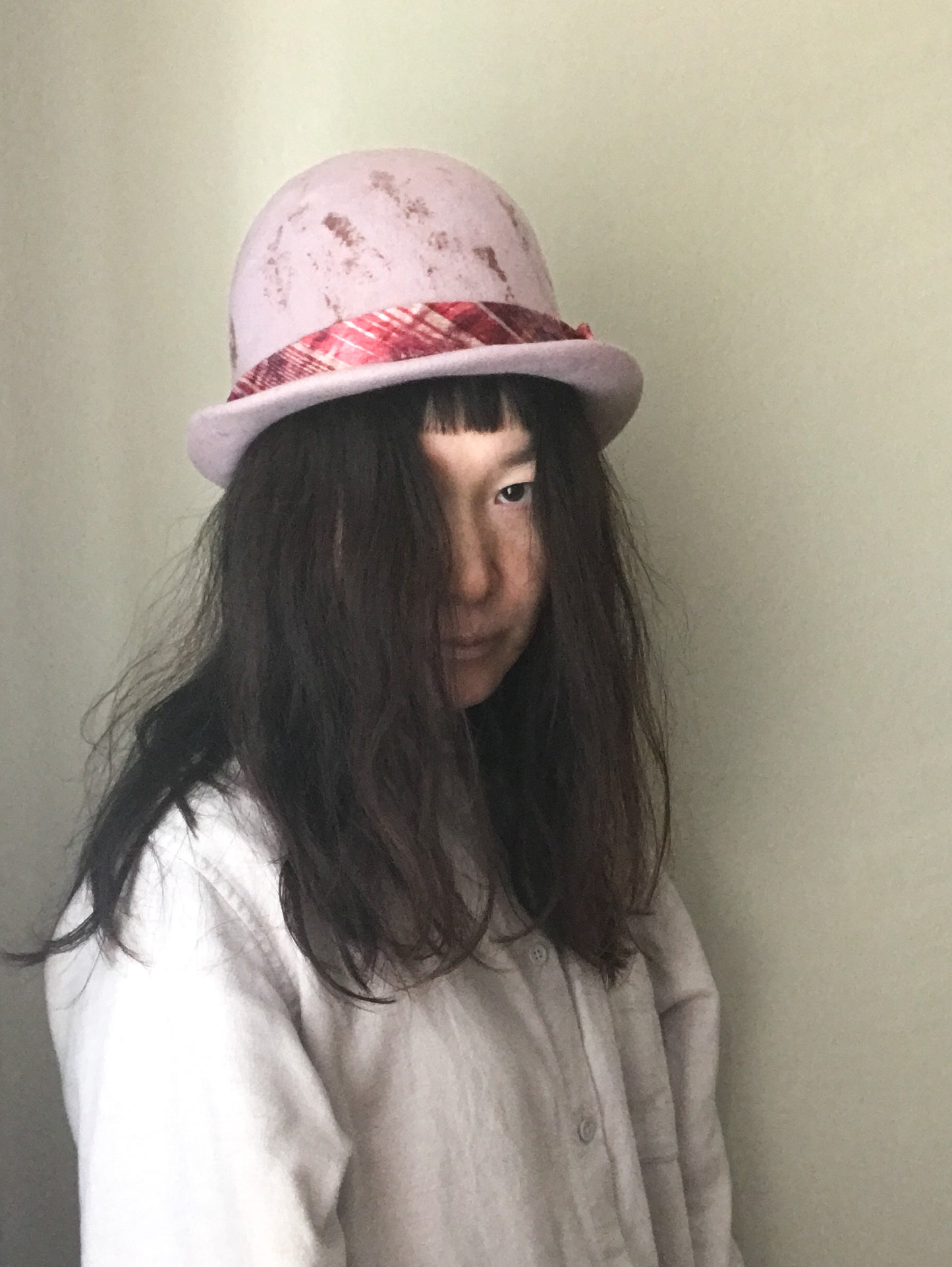 Fur felt bowler hat - Quirk - stained dusty pink - plaid band - Tomoko Tahara millinery works