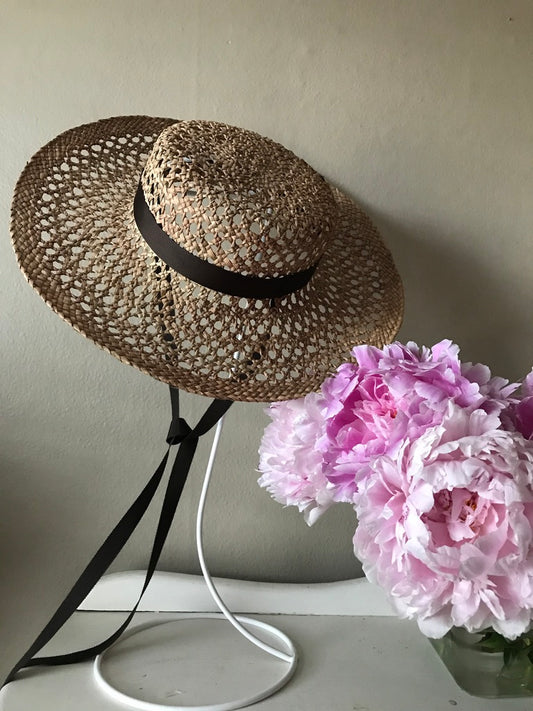 Boater straw hat with bows - Retro style wide brim boater hat-  Free shipping - Tomoko Tahara millinery works