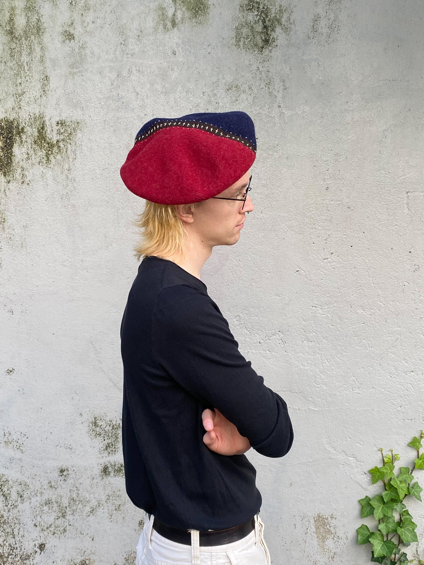 Two tone merino wool beret - Circus - navy and wine red - Shipping free - Tomoko Tahara millinery works