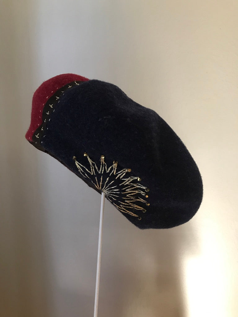 Two tone merino wool beret - Circus - navy and wine red - Shipping free - Tomoko Tahara millinery works