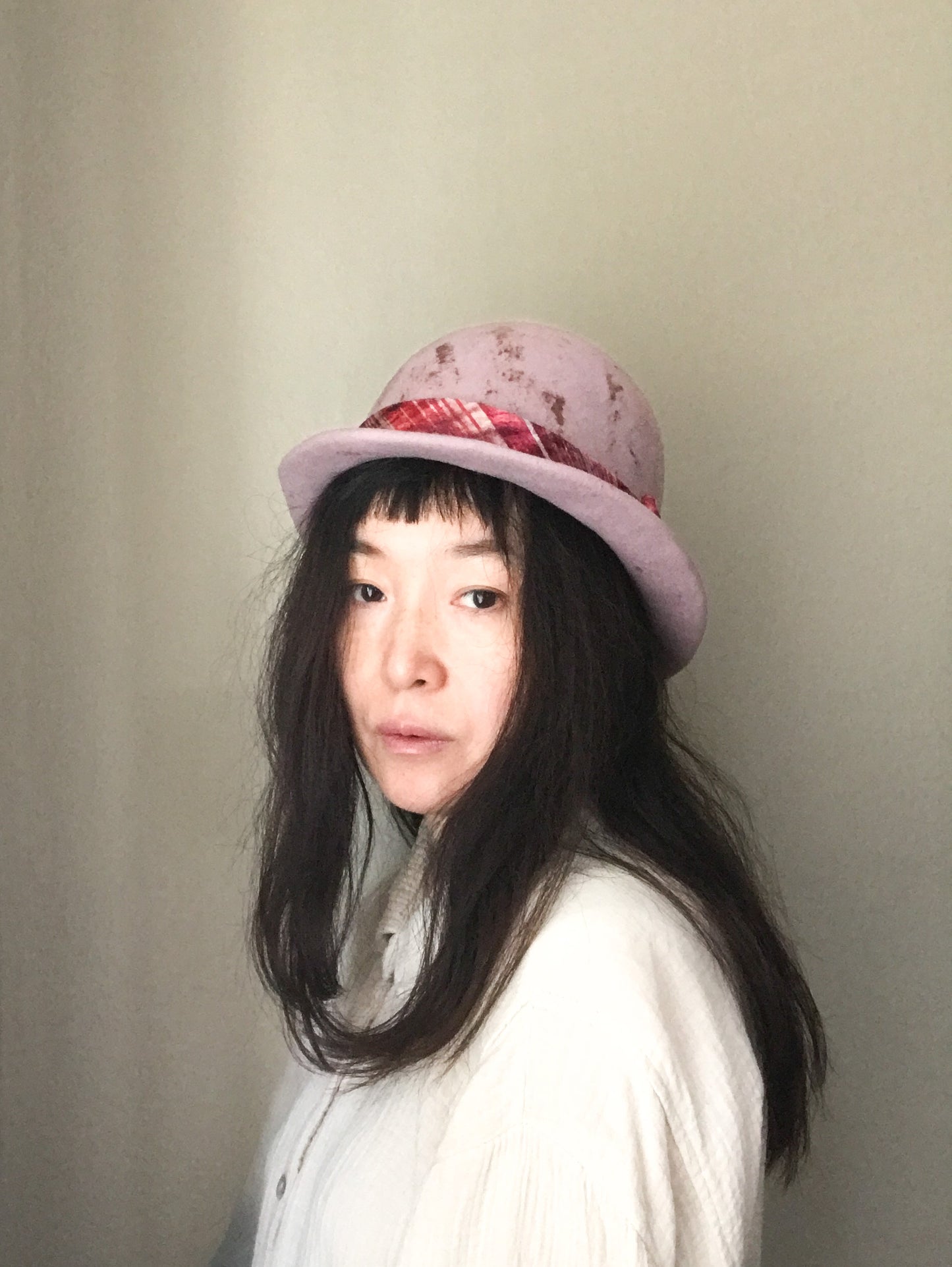 Fur felt bowler hat - Quirk - stained dusty pink - plaid band - Tomoko Tahara millinery works