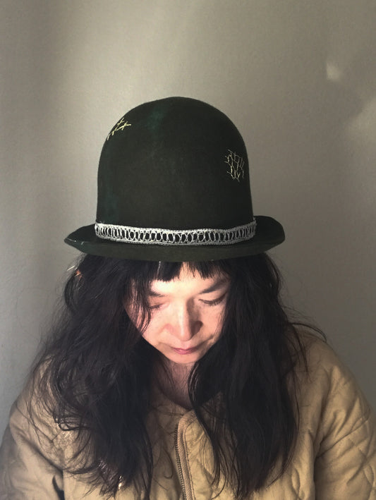 Distressed fur felt dark green bowler hat- Tomoko Tahara millinery works