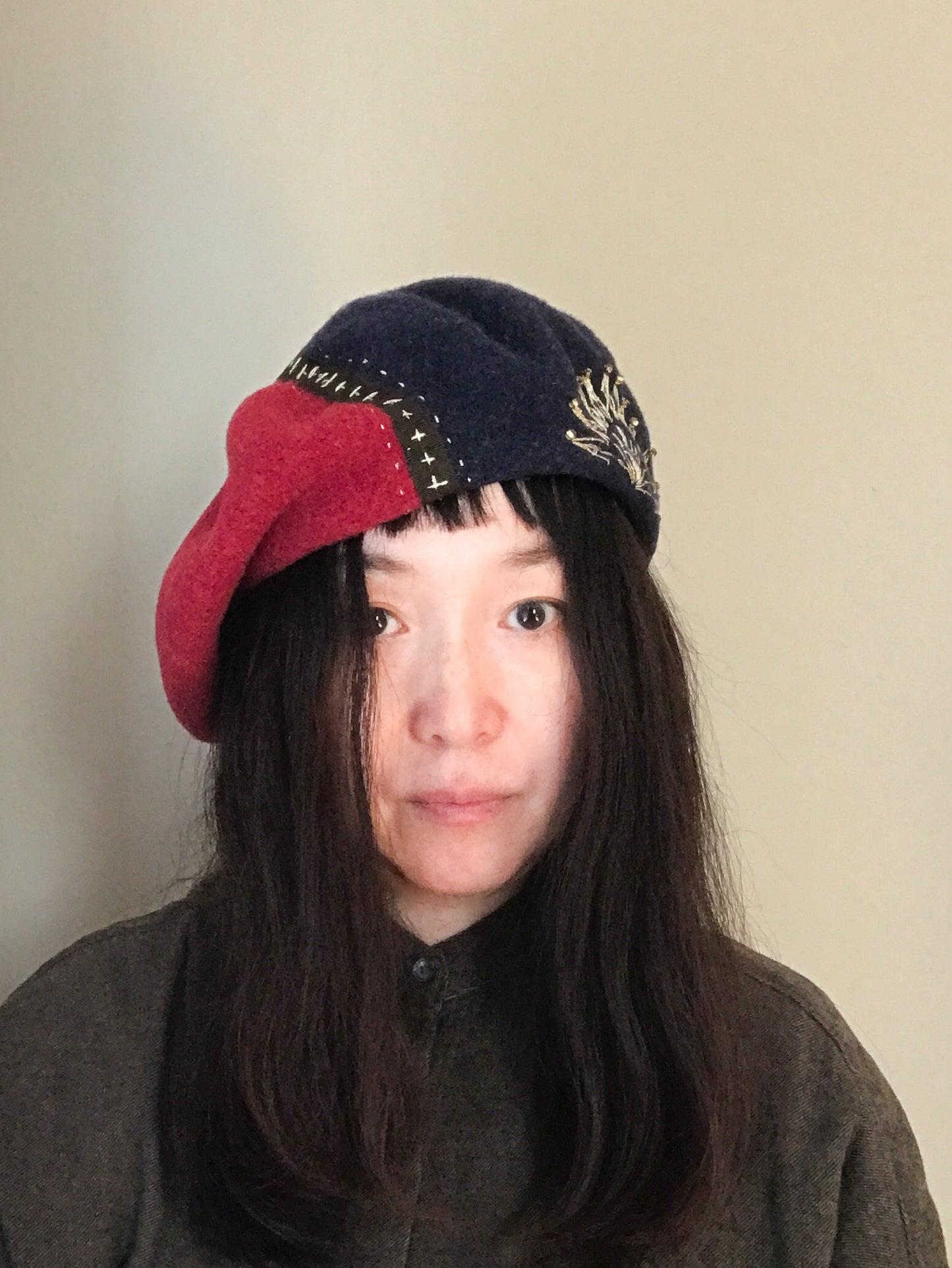 Two tone merino wool beret - Circus - navy and wine red - Shipping free - Tomoko Tahara millinery works
