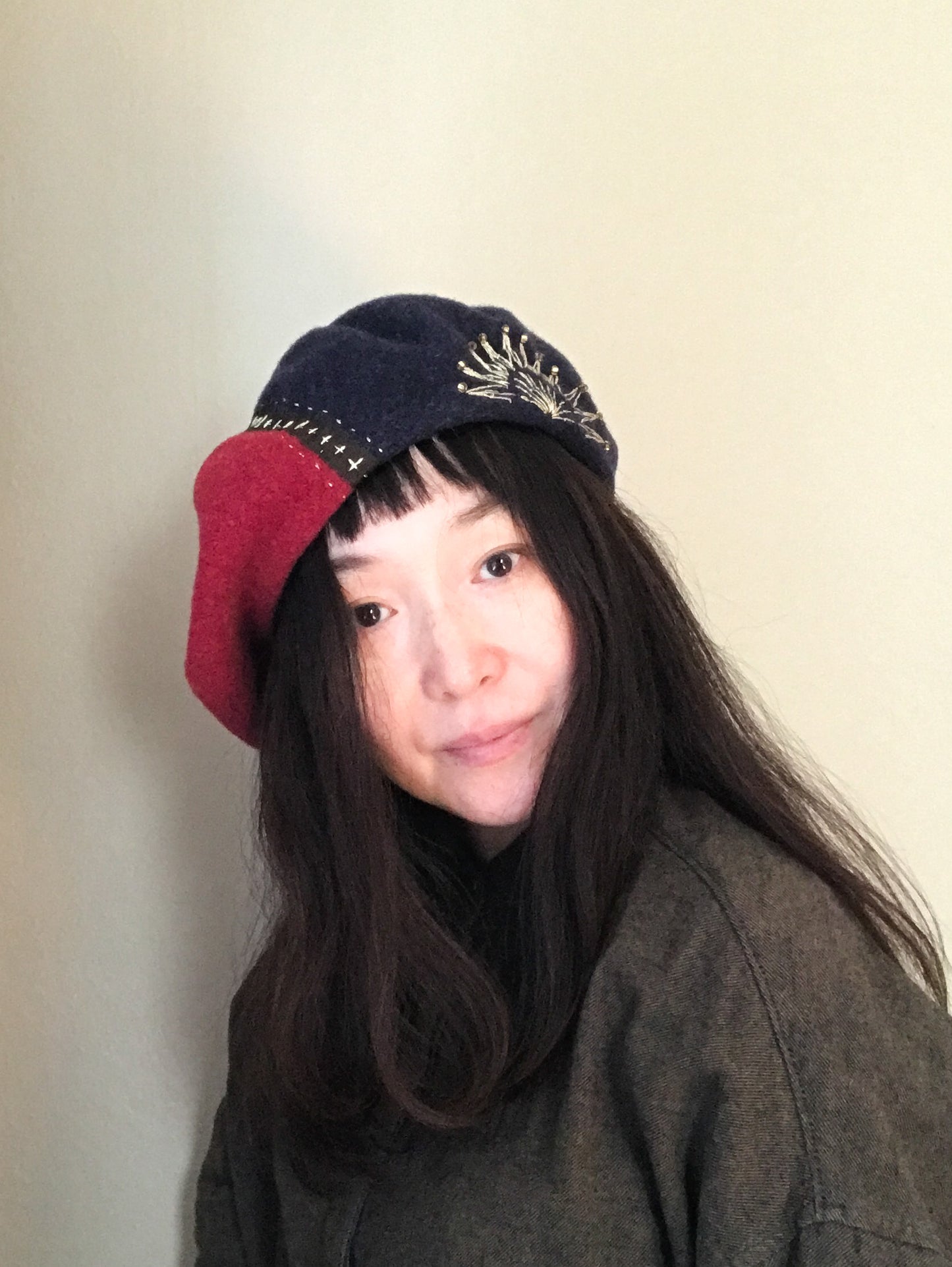 Two tone merino wool beret - Circus - navy and wine red - Shipping free - Tomoko Tahara millinery works