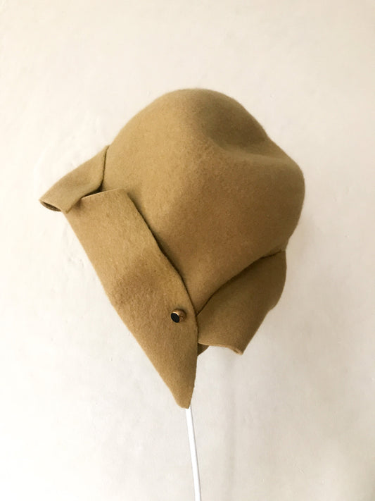 Folded asymmetrical fur felt hat - Origami - mustard yellow - Tomoko Tahara millinery works